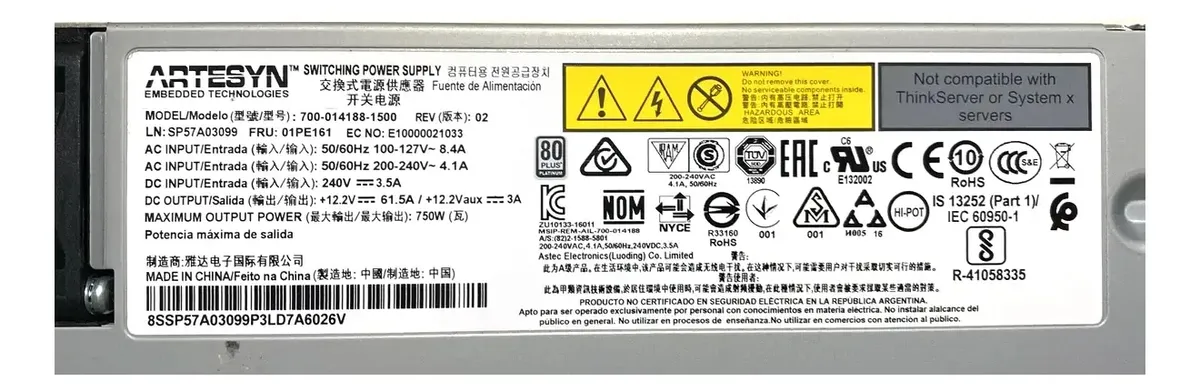 FONTE LENOVO 750W PARA SERVIDOR SR550 SR590 SR650 V1 01PE161 - Imagem 5