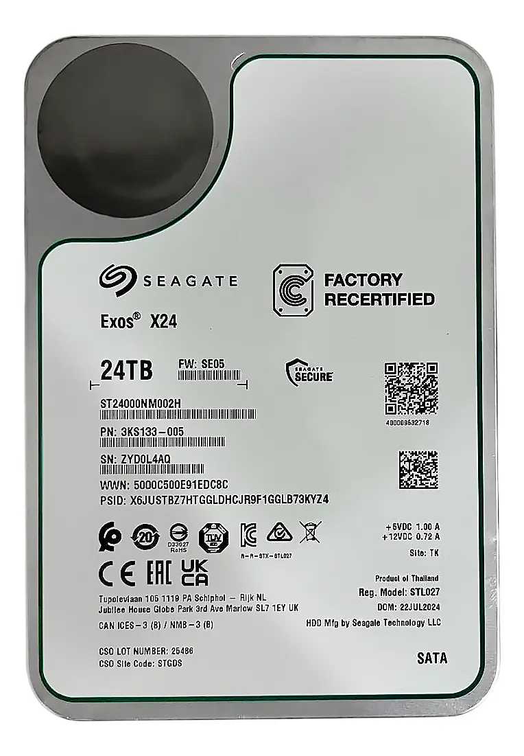 HD SEAGATE EXOS X24 24TB 7.2K 3,5 SATA 6GBPs ST24000NM000H NOVO - Imagem 2